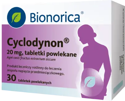 Opakowanie leku Cyclodynon Bionorica fioletowo-białe z sylwetką kobiety i ikoną liścia na piersi; 30 tabletek; napis lek OTC