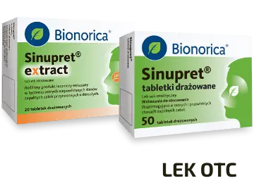 2 opakowania leków Bionorica: 50 tabletek drażowanych Sinupret; oraz 20 Sinupret extract; napis Lek OTC