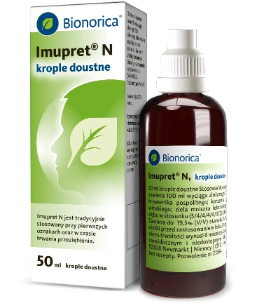 Bionorica Imupret N, krople doustne; 50 ml, ciemna butelka umieszczona obok zielono-białego kartonika leku; napis Lek OTC