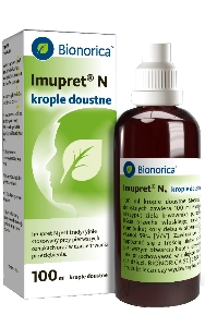 Bionorica krople doustne Imupret N 100 ml w brązowej butelce z białą zakrętką, obok zielonego kartonika
