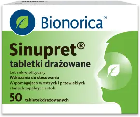 Sinupret, tabletki, 50 szt., jasnozielone elementy, logo Bionorica w lewym górnym rogu; zarys mężczyzny z listkiem na twarzy