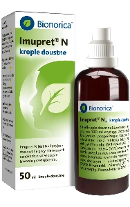 Bionorica krople doustne Imupret N 50 ml w brązowej butelce z białą zakrętką, obok zielonego kartonika