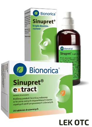 2 opakowania produktów Bionorica: tabletki Sinupret extract oraz krople w butelce i ich opakowanie obok; napis Lek OTC