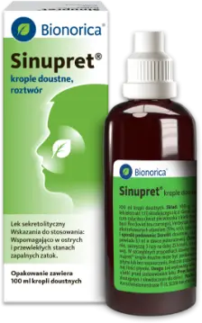 Sinupret, krople doustne 100 ml w brązowej butelce z białą nakrętką, z zieloną etykietą; opakowanie biało-zielone leku obok