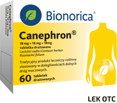 Opakowanie tabletek drażowanych 60szt. Canephron; żółto-białe opakowanie z żółtą sylwetką z listkiem w tle; napis Lek OTC
