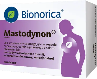 Opakowanie leku Mastodynon Bionorica fioletowo-białe z sylwetką kobiety i ikoną liścia na piersi; 60 tabletek; napis lek OTC