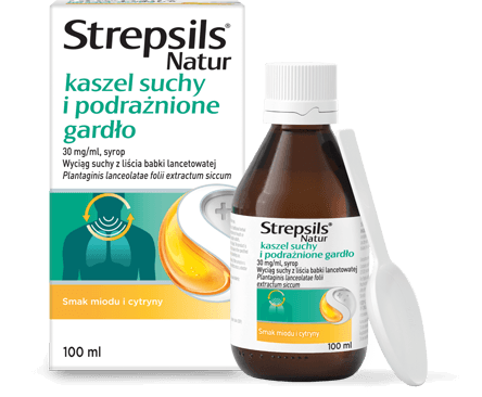 Opakowanie i butelka Strepsils Natur kaszel suchy i podrażnione gardło