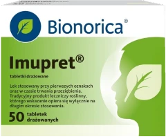 Opakowanie 50 tabletek drażowanych Imupret marki Bionorica na zielonym tle, widoczne logo oraz nazwa produktu