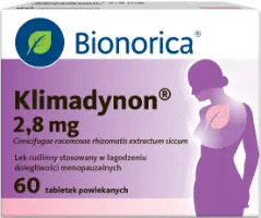 60 tabletek leku Klimadynon Bionorica w fioletowo-białym opakowaniu z sylwetką kobiety i ikoną liścia na piersi