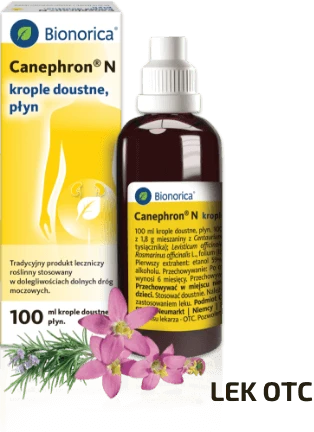 Canephron N, krople doustne 100 ml w butelce z białą zakrętką i kartonowym opakowaniem obok; napis Lek OTC; kwiaty na dole