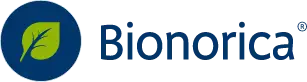 Logo Bionorica; obok zielony listek w granatowym okręgu