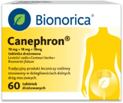 Canephron, tabletki 60 szt. w jaskrawo żółtym opakowaniu; kontur ciała z listkiem w okolicy brzucha na kartoniku leku