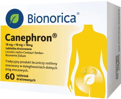 Biało-żółte opakowanie Canephron z logo Bionorica, 60 tabletek drażowanych; żółty kontur ciała z listkiem; napis Lek OTC
