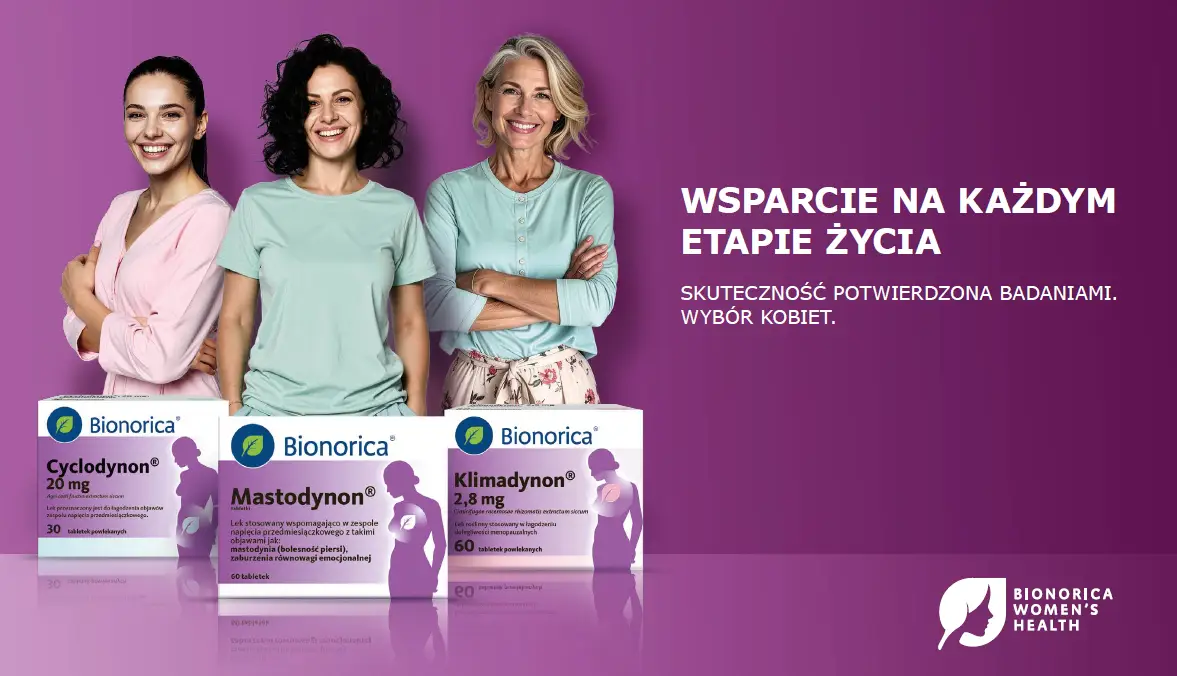 3 uśmiechnięte kobiety na fioletowym tle obok leków; hasło Wsparcie na każdym etapie życia, Bionorica Women's Health