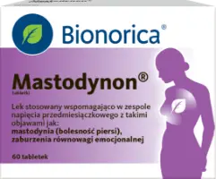 60 tabletek leku Mastodynon Bionorica w fioletowo-białym opakowaniu z sylwetką kobiety i ikoną liścia na piersi