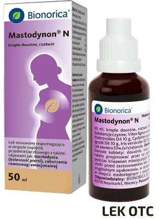 Opakowanie i butelka kropli Mastodynon Bionorica, 50 ml; z fioletową sylwetką kobiety, ikoną liścia i napisem lek OTC