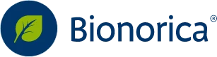 Logo Bionorica; obok zielony listek w granatowym okręgu