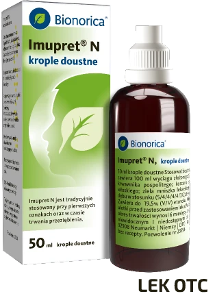 Bionorica Imupret N, krople doustne; 50ml, ciemna butelka umieszczona obok zielono-białego kartonika leku; napis Lek OTC