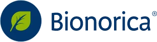 Logo Bionorica; obok zielony listek w granatowym okręgu