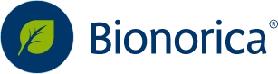 Logo Bionorica; obok zielony listek w granatowym okręgu