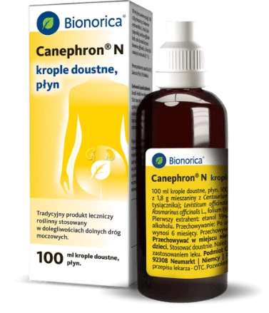 Canephron N, krople doustne 100 ml w brązowej butelce z białą zakrętką i kartonowym opakowaniem obok; napis Lek OTC