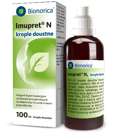 Bionorica Imupret N, krople doustne; 100 ml, ciemna butelka umieszczona obok zielono-białego kartonika leku; napis Lek OTC