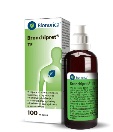 Bronchipret TE, syrop, 100 ml, szklana ciemna butelka; obok zielone opakowanie leku; napis Lek OTC; marka Bionorica