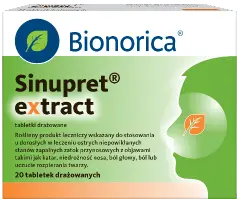 Sinupret extract, tabletki, 20 szt., zielono-białe opakowanie z logo Bionorica; pomarańczowe elementy na kartoniku leku