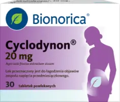 Cyclodynon, tabletki, 30 szt., opakowanie z grafiką sylwetki kobiecej z listkiem na brzuchu, kolorystyka fioletowa i biała