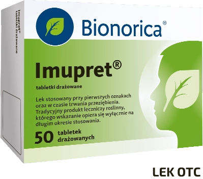 Opakowanie 50 tabletek drażowanych Imupret marki Bionorica na białym tle, widoczne logo oraz nazwa produktu; napis Lek OTC