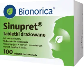 Sinupret, tabletki, 100 szt., jasnozielone elementy, logo Bionorica w lewym górnym rogu; zarys mężczyzny z listkiem na twarzy