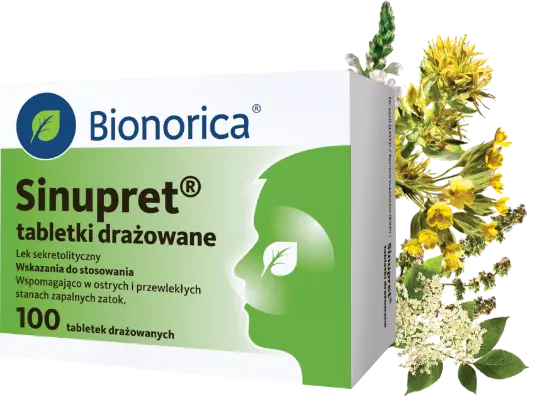 Sinupret, tabletki marki Bionorica, 100szt., biało-zielone opakowanie; obok kwiaty białe oraz żółte; napis Lek OTC