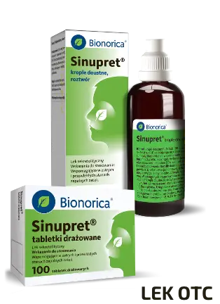 2 opakowania produktów Bionorica: tabletki Sinupret 100 sztuk oraz krople w butelce i ich opakowanie obok; napis Lek OTC