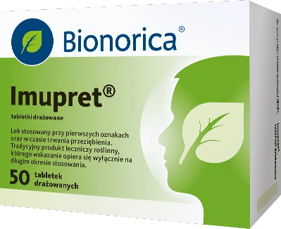 Bionorica Imupret tabletki, 50 szt. opakowanie zielono-białe; akcent liścia na twarzy mężczyzny; w lewym roku; napis Lek OTC