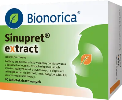 Sinupret extract, tabletki Bionorica, 20szt. biało-zielone opakowanie; pomarańczowy listek na twarzy mężczyzny; napis Lek OTC