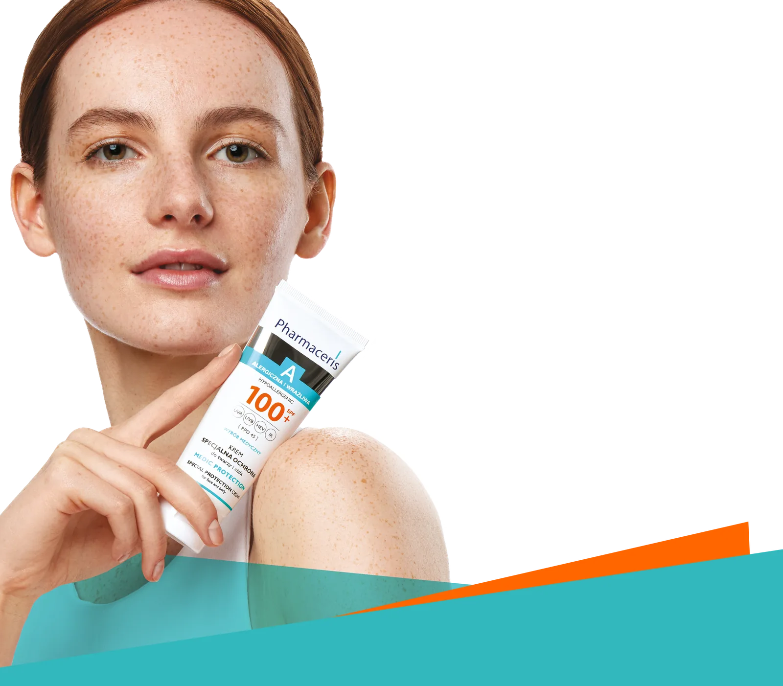 Modelka prezentująca krem Pharmaceris A Medic Protection SPF 100+