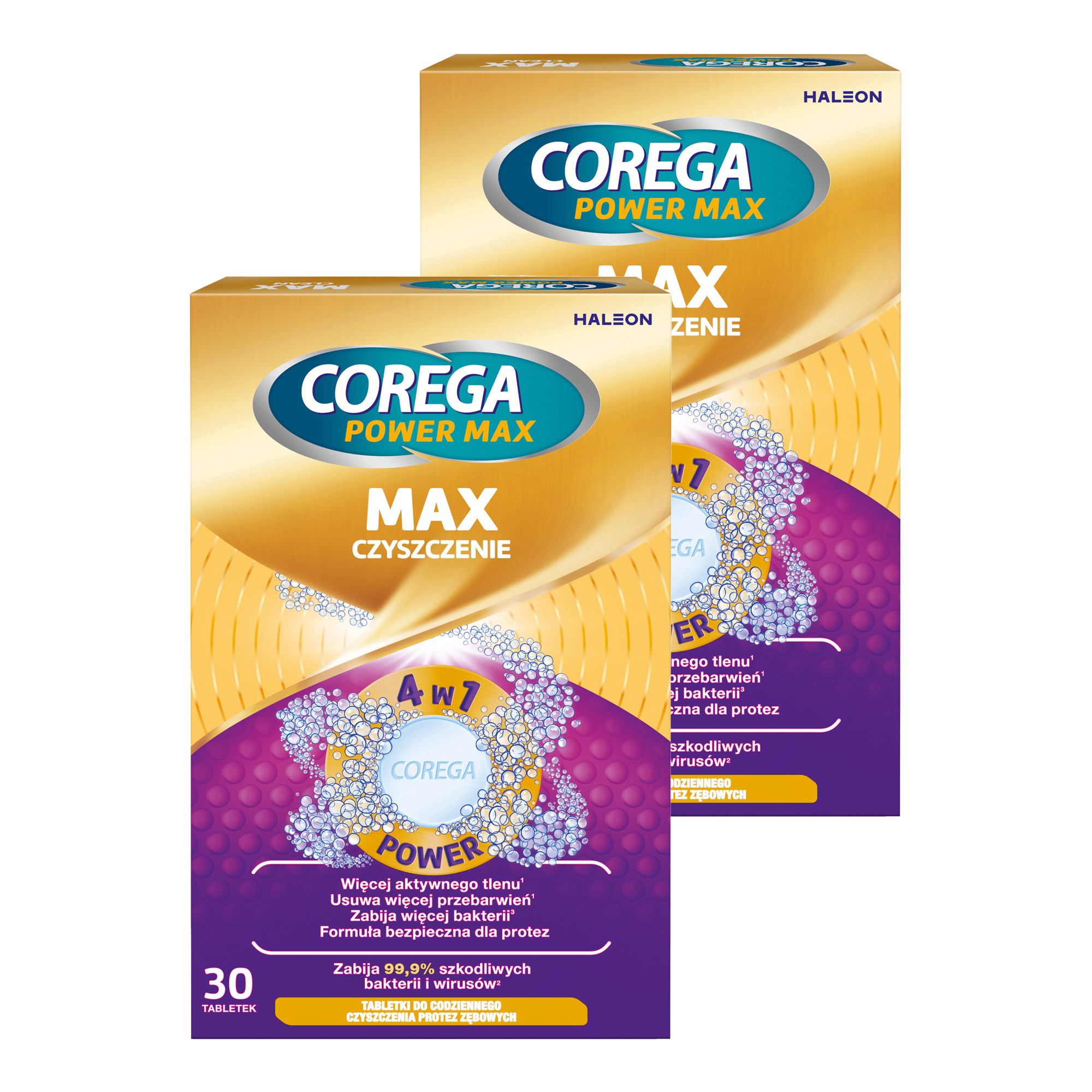 Corega Max Czyszczenie Tabletki do czyszczenia protez zębowych 4w1 z aktywnym tlenem, tabletki, 2 x 30 sztuk zdjęcie