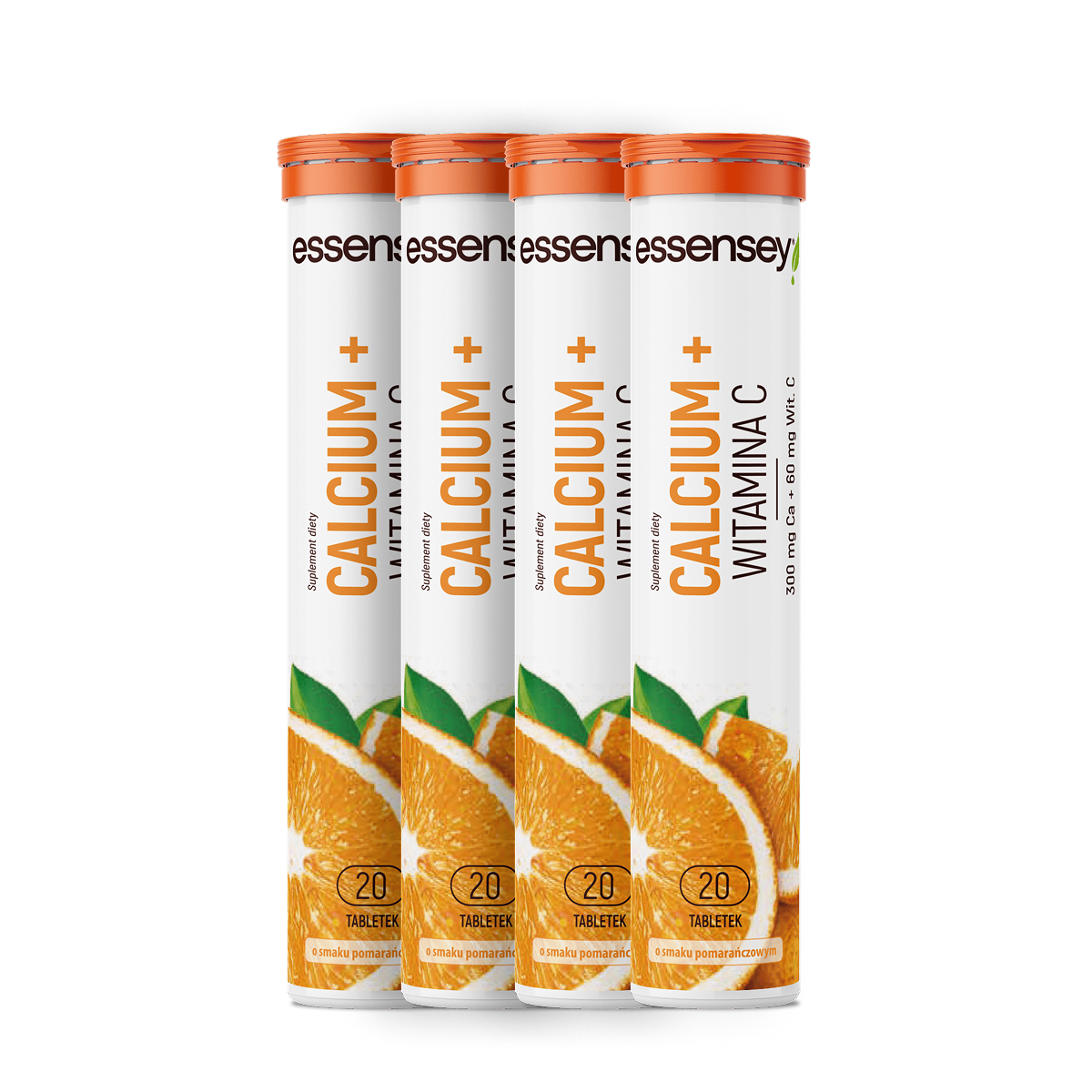 Essensey Calcium 300 Mg + Witamina C 60 Mg Pomarańcza, tabletki musujące, 4 x 20 sztuk