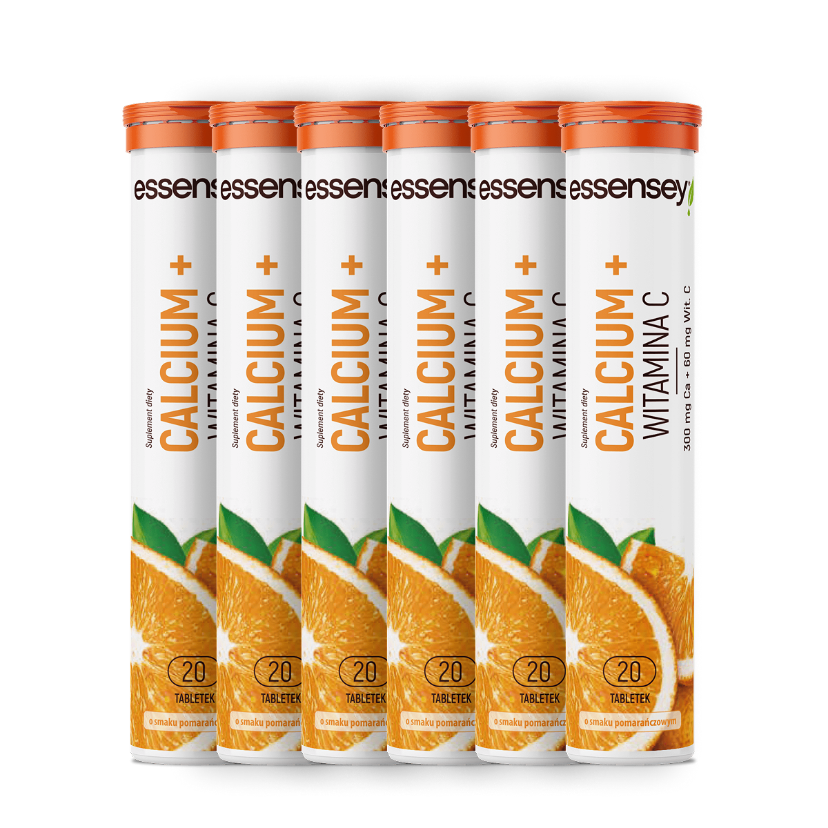 Essensey Calcium 300 Mg + Witamina C 60 Mg Pomarańcza, tabletki musujące, 6 x 20 sztuk