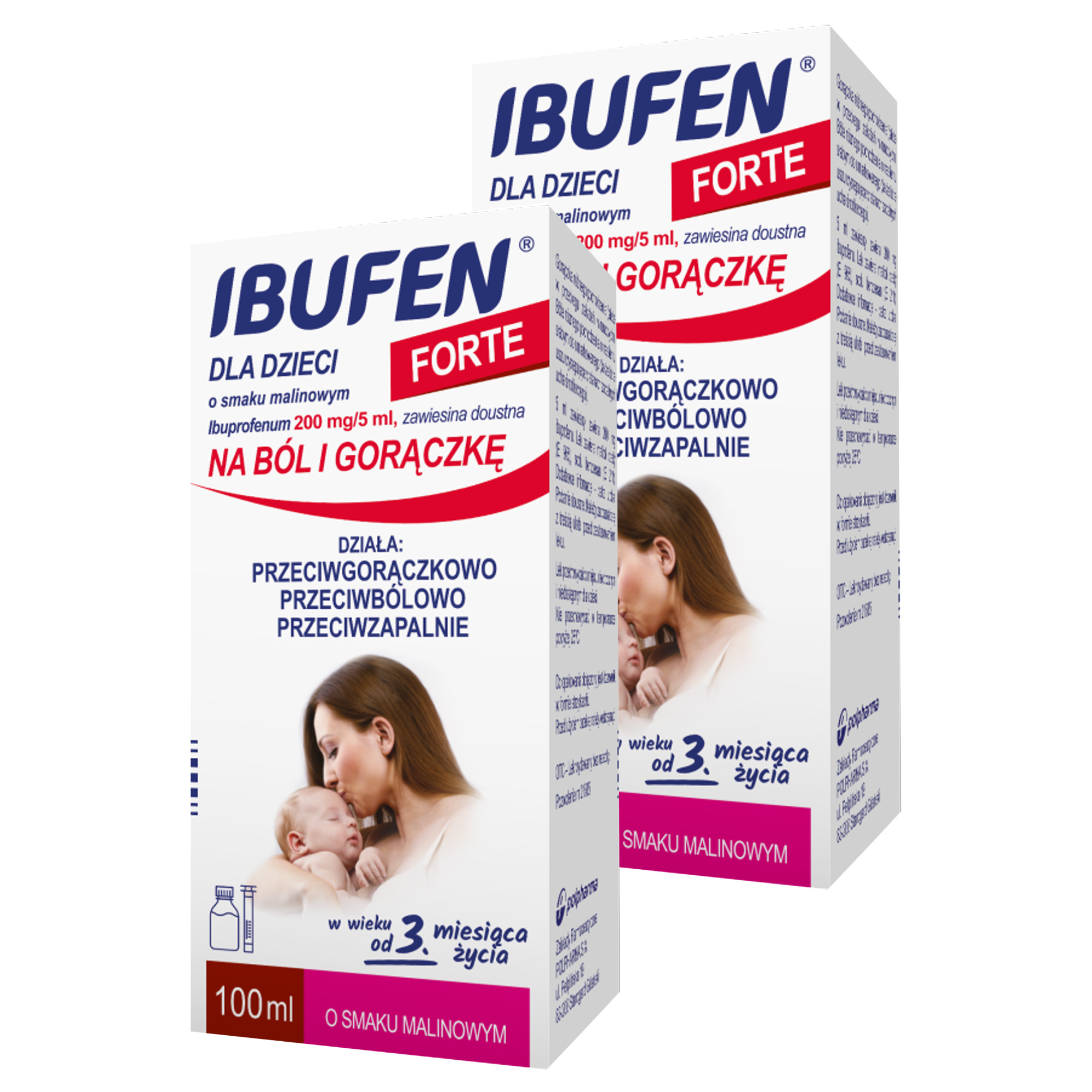 Ibufen dla dzieci FORTE o smaku malinowym, 200 mg/5 ml, zawiesina doustna, 2 x 100 ml zdjęcie
