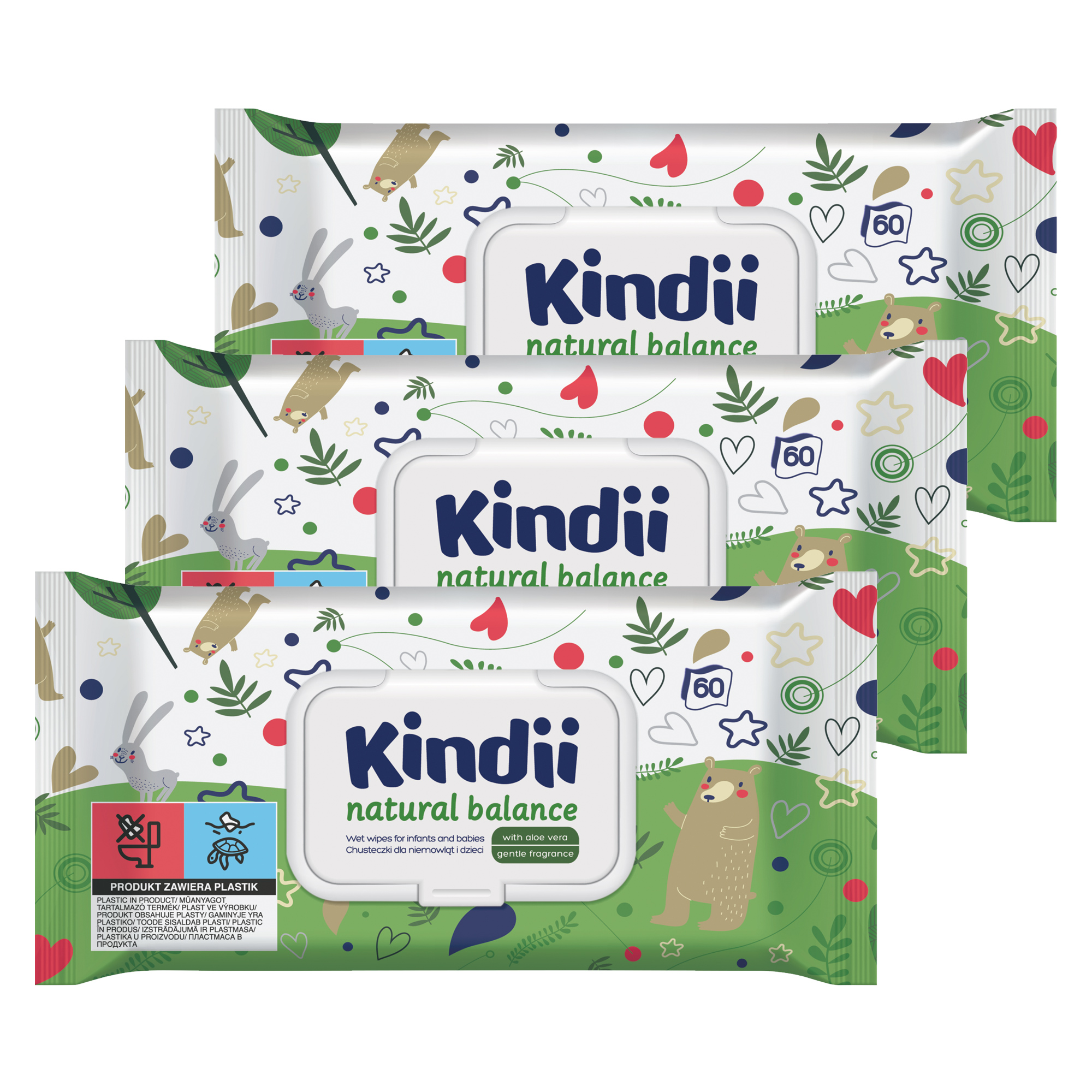 KINDII NATURALS BALANCE chusteczki nawilżane dla niemowląt, 3 x 60 sztuk zdjęcie