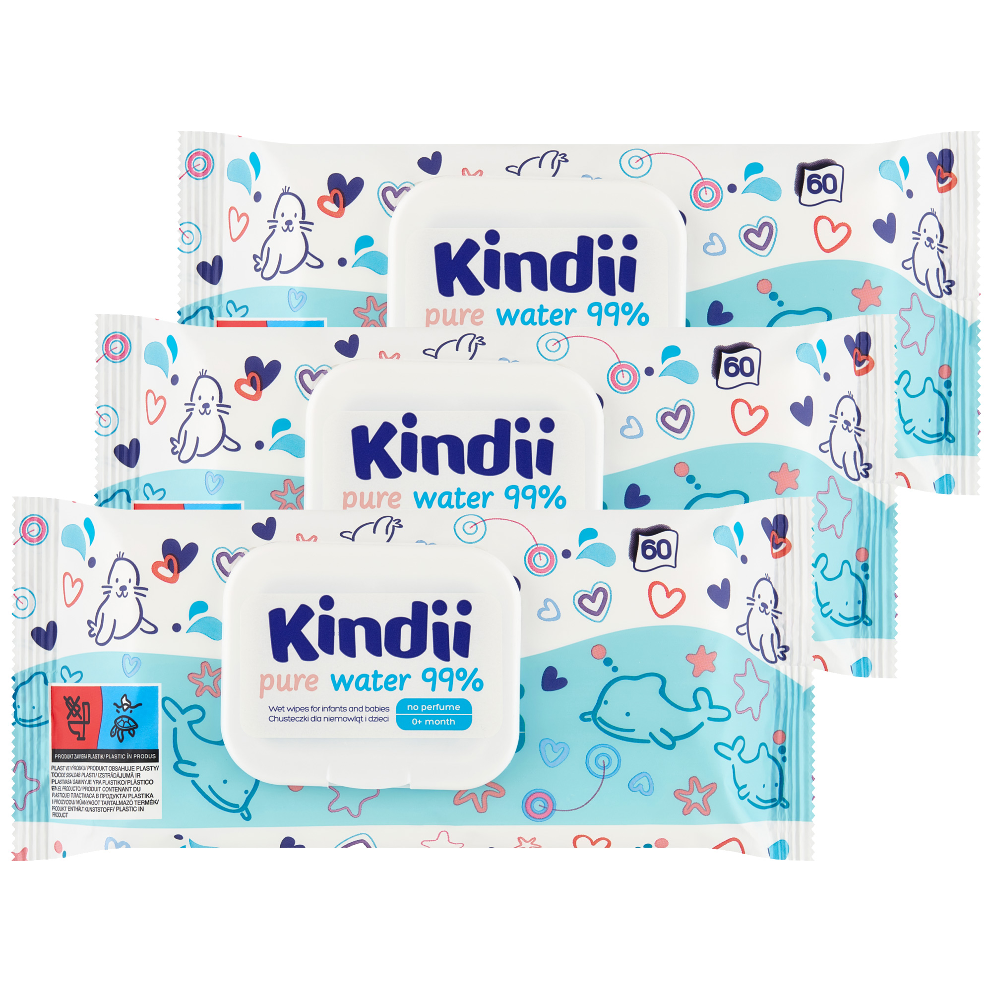 Kindii Pure Water 99%, nawilżane chusteczki, 3 x 60 sztuk zdjęcie