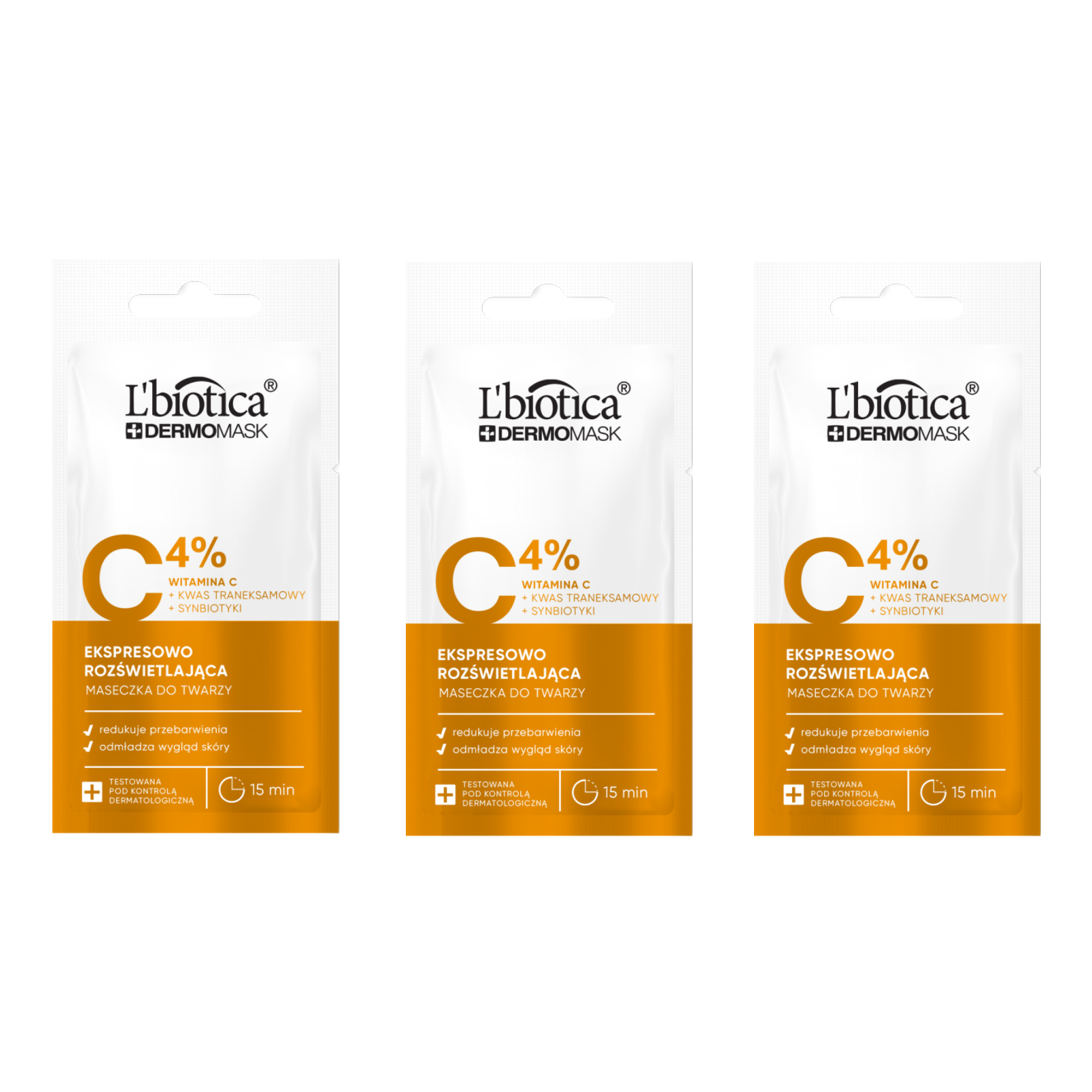 L'Biotica Dermomask Maseczka do twarzy ekspresowo rozświetlająca z witaminą C, 3 x 8 ml zdjęcie