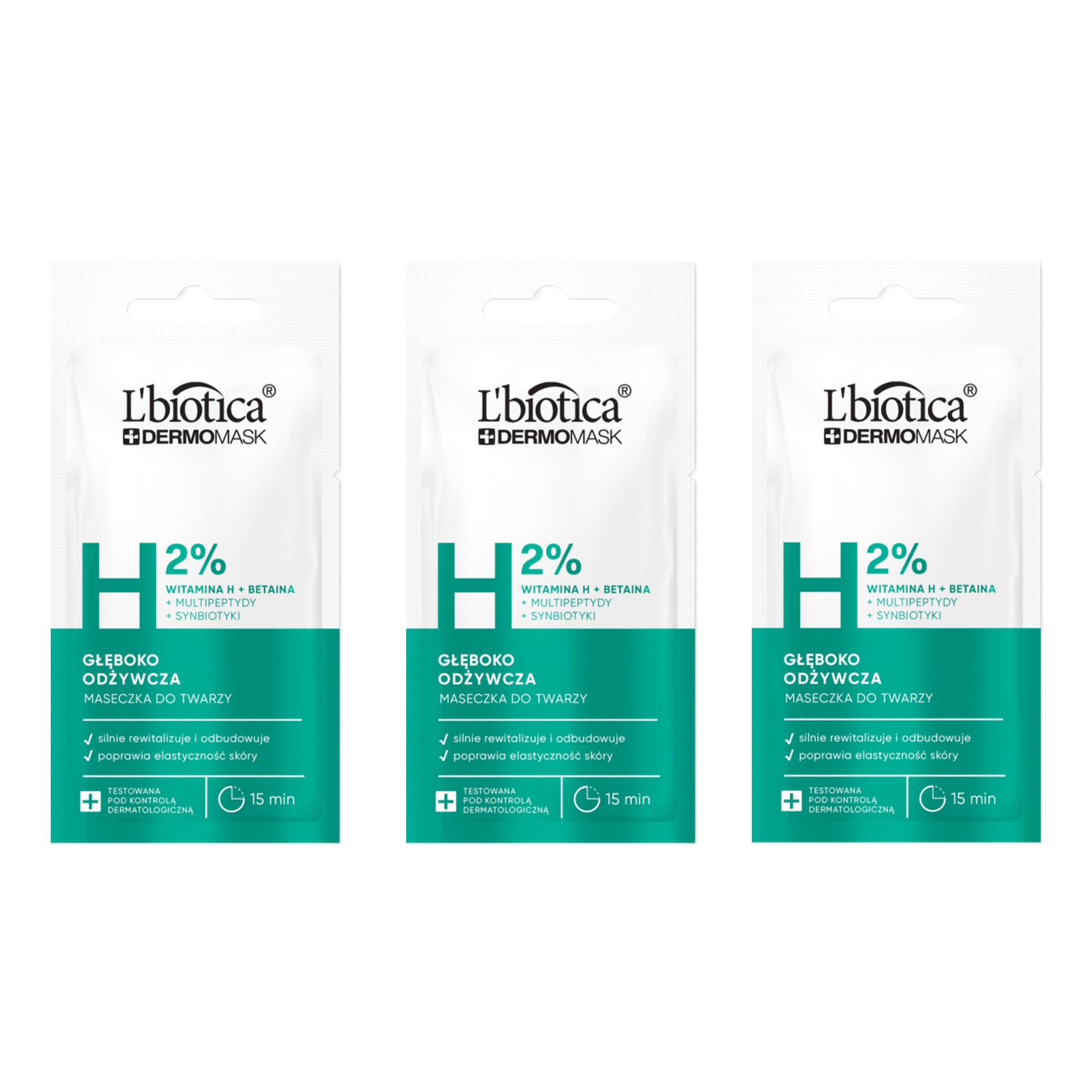L'Biotica Dermomask Maseczka do twarzy głęboko odżywcza z witaminą H, 3 x 8 ml zdjęcie