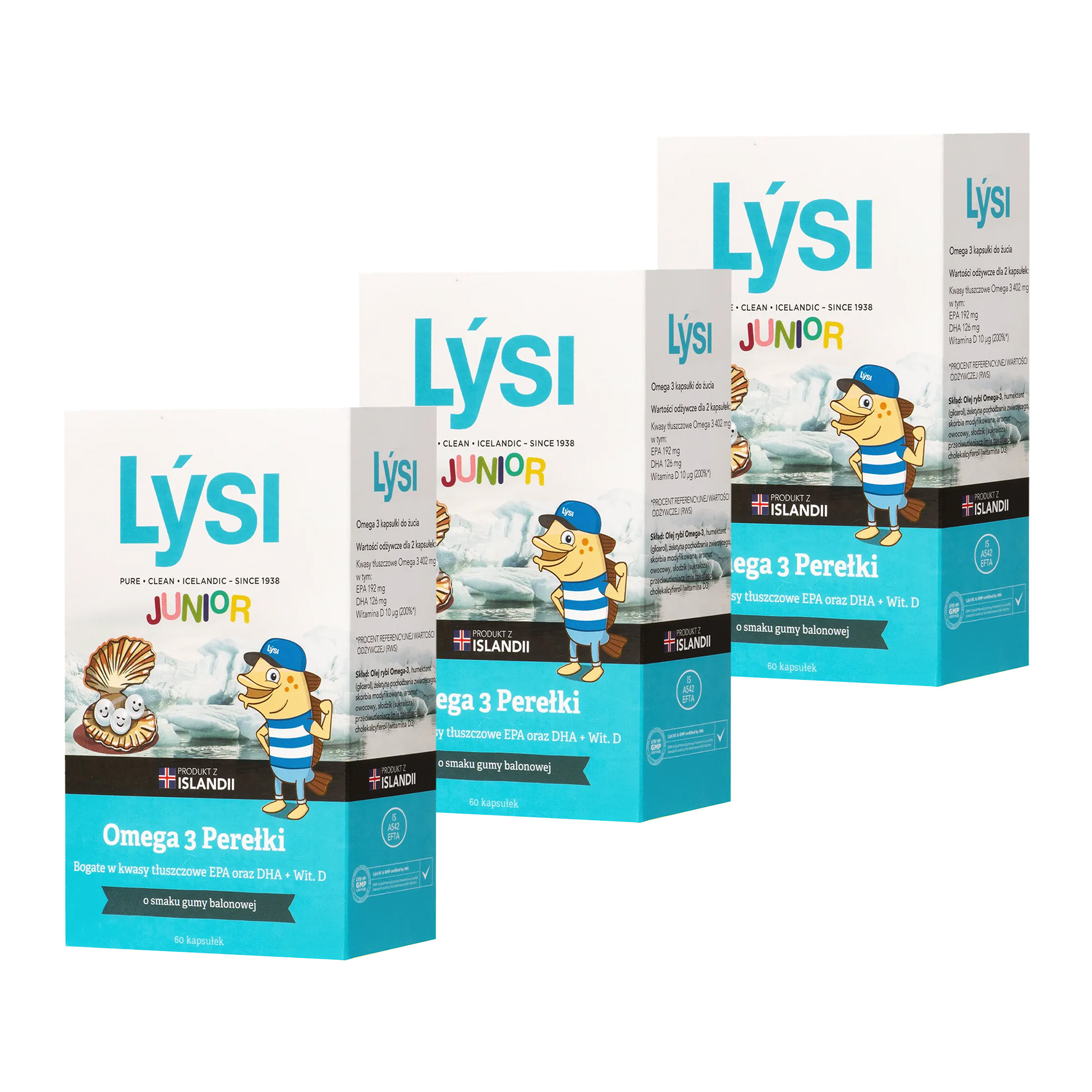Lysi Junior Omega 3 Perełki o smaku gumy balonowej, 3 x 60 sztuk zdjęcie