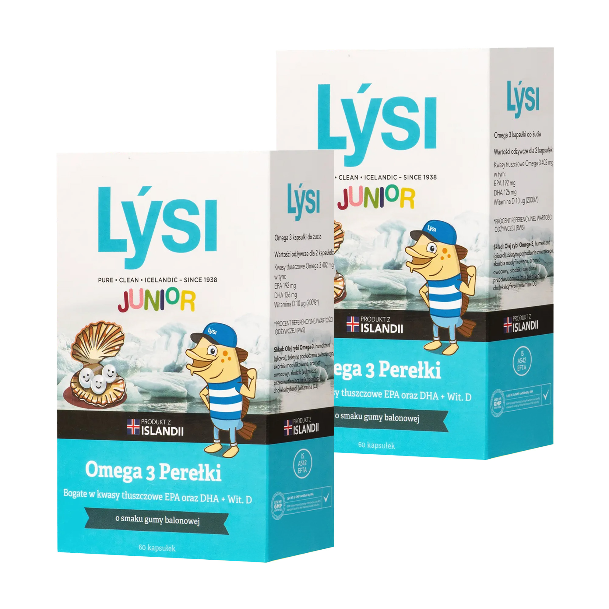 Lysi Junior Omega 3 Perełki o smaku gumy balonowej, 2 x 60 sztuk zdjęcie