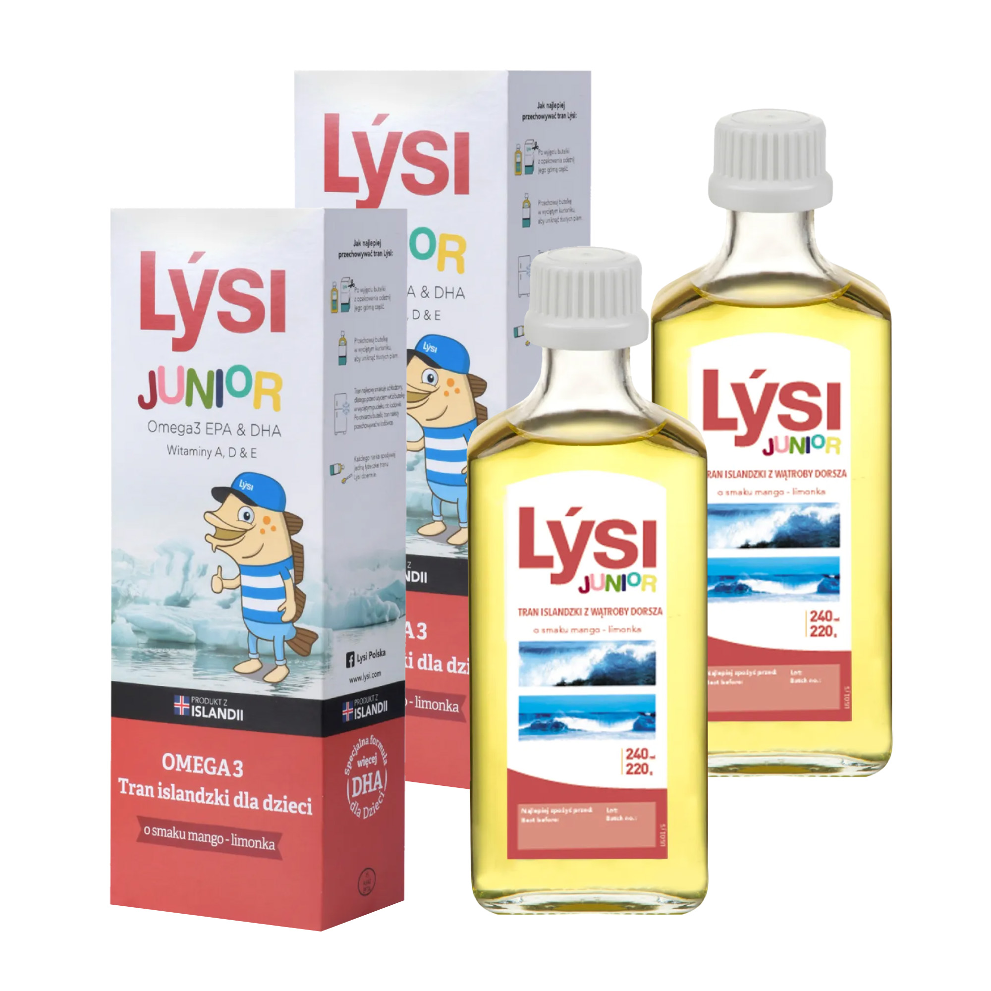 Lysi Junior Omega 3 Tran Islandzki dla dzieci smak mango-limonka, 2 x 240 ml zdjęcie