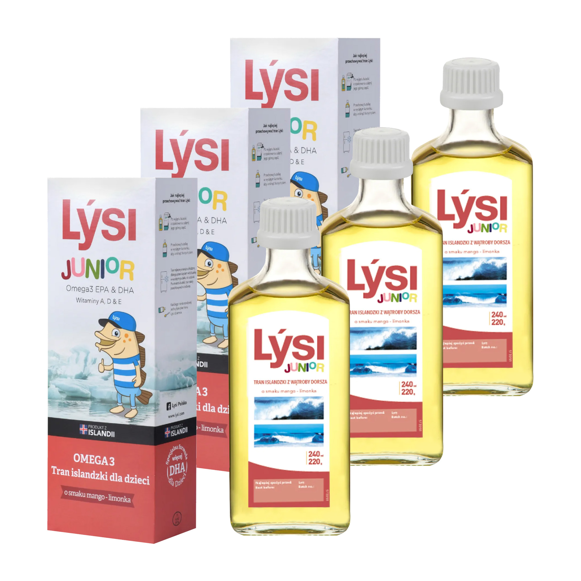 Lysi Junior Omega 3 Tran islandzki dla dzieci smak mango-limonka, 3 x 240 ml zdjęcie