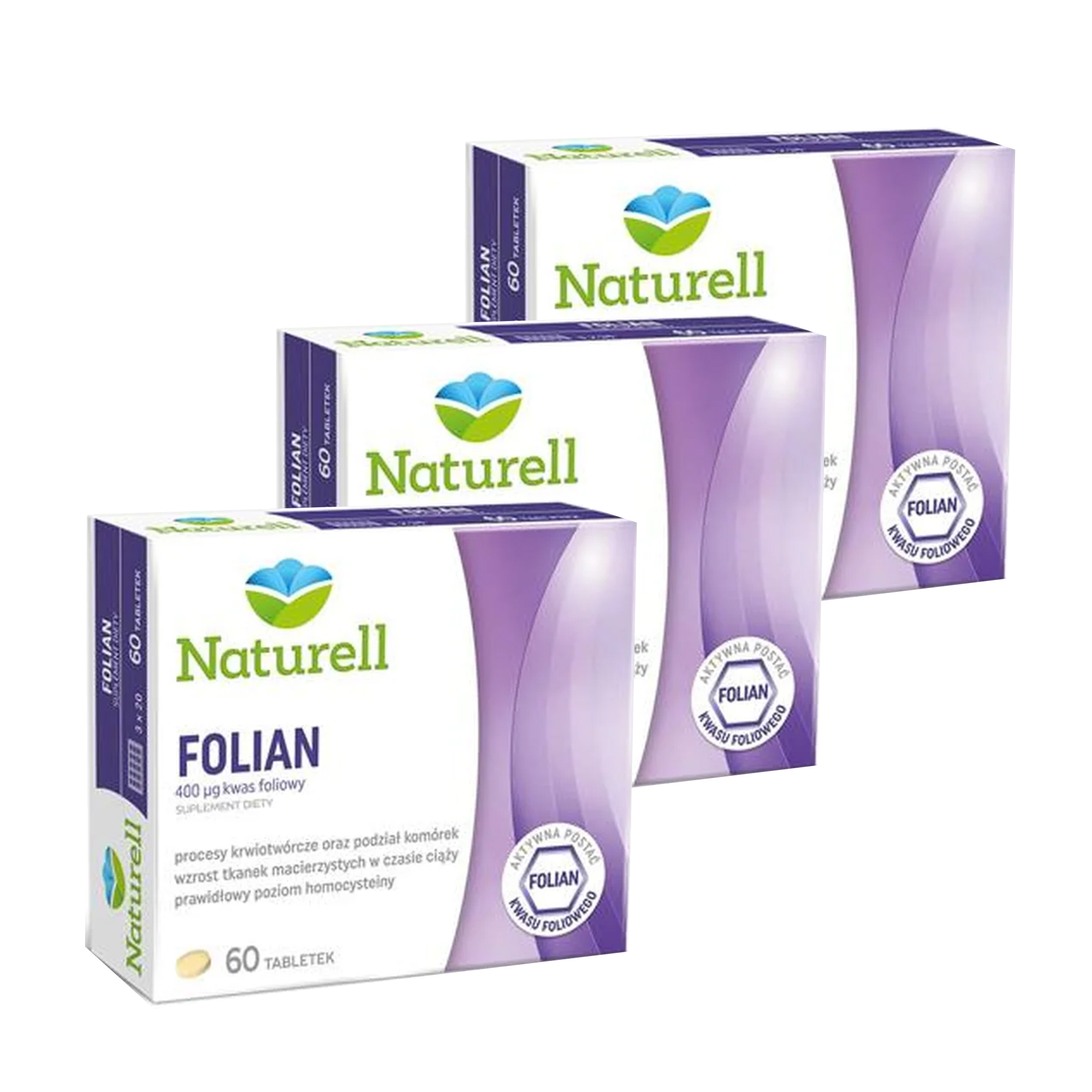 Naturell, Folian, 400 µg kwasu foliowego, tabletki, 3 x 60 sztuk zdjęcie