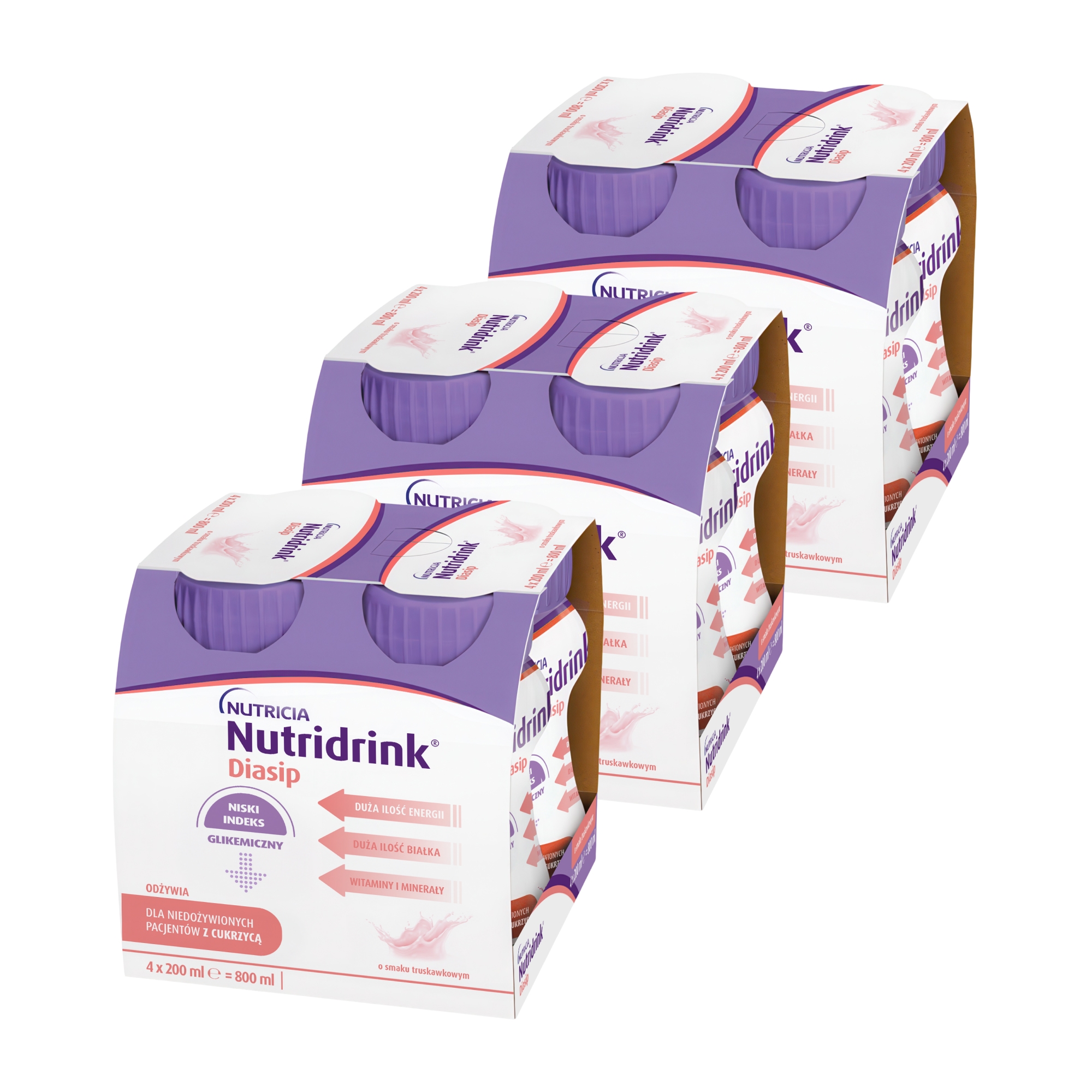 Nutridrink Diasip o smaku truskawkowym, płyn, 12 x 200 ml